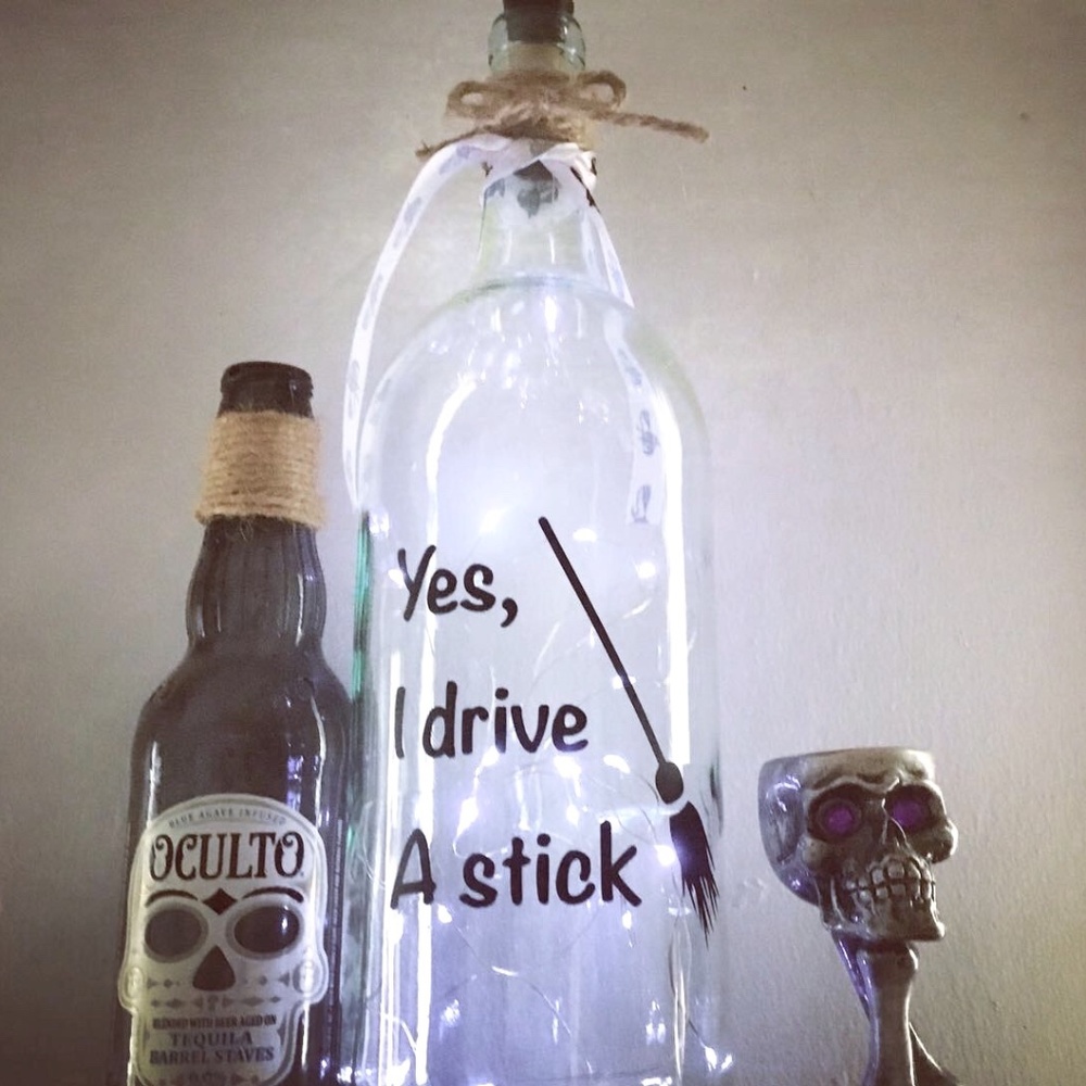 Handmade- ‘Yes I DriveA Stick’ solar wine bottle lantern